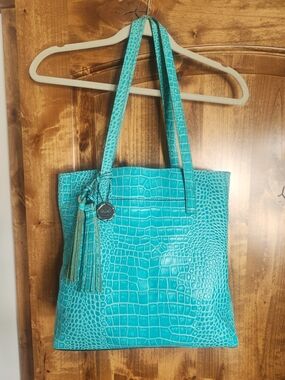 Patricia Nash Turquoise Croc-Embossed Tote with Tassel Charm